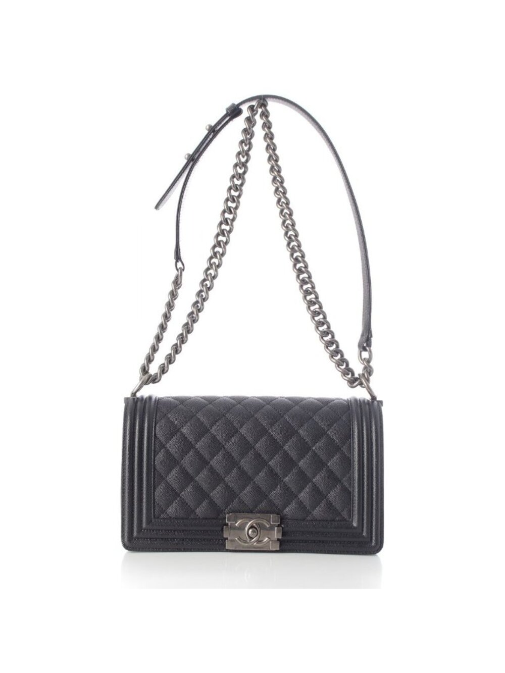 Chanel Boy Caviar Leather Chain Random Plate Shoulder Bag Black 25